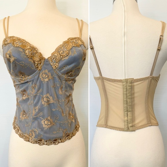 90s Victoria’s Secret Gold Embroidered Blue Gray Vintage Corset Bustier Top 36C🔥 - Picture 11 of 11
